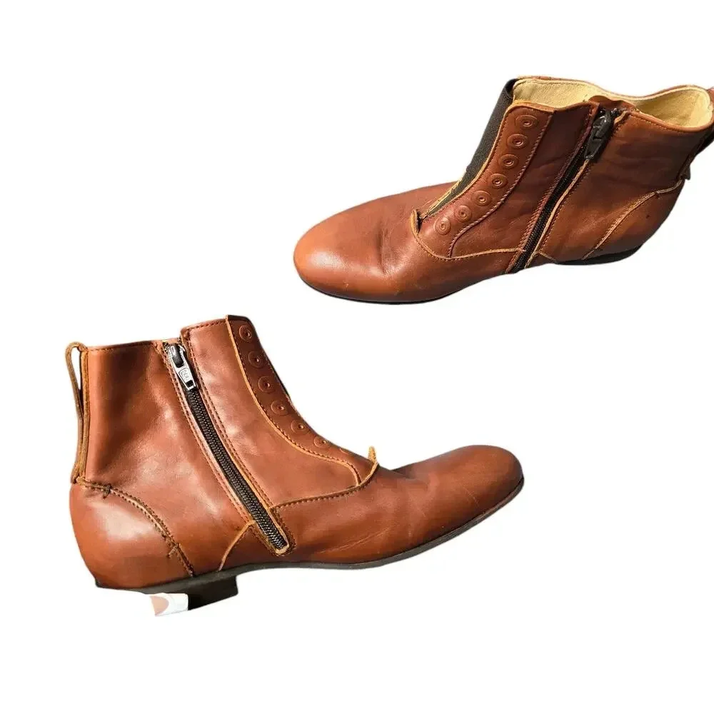 John Fluevog Conga‎ Leather Ankle Booties Cognac Brown